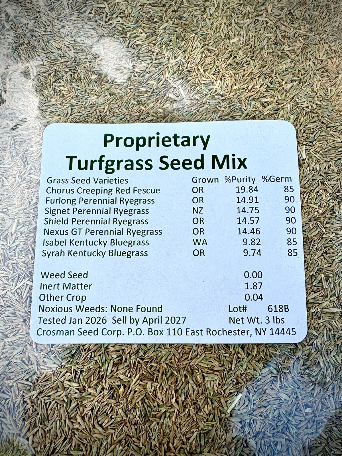 Crosman's Proprietary Turfgrass Seed Mix Label Close Up