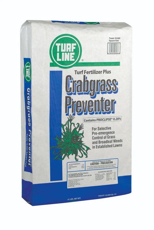 Turf Line crabgrass preventer fertilizer packaging on a white background