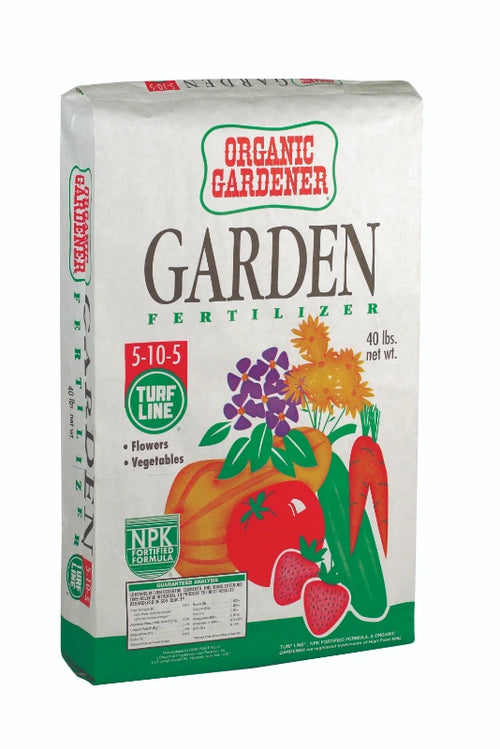 Bag of Organic Gardener Garden Fertilizer on a white background